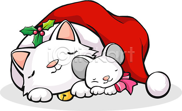 사람없음 EPS 일러스트 겨울 계절 고양이 동물 반려 반려동물 산타모자 수면 육지동물 잠 쥐 척추동물 크리스마스 포유류