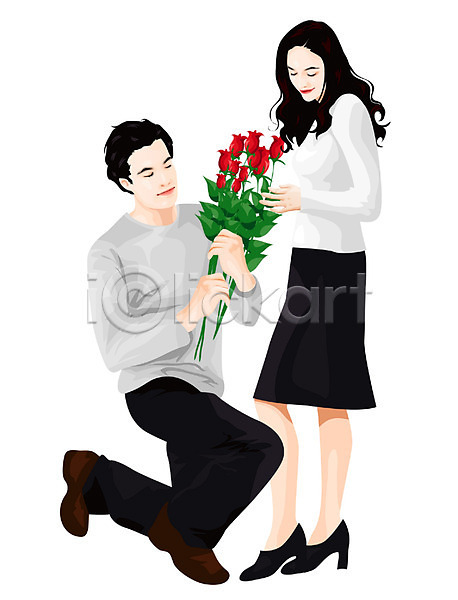 사랑 남자 두명 사람 여자 EPS 일러스트 기념일 꽃 꽃다발 라이프스타일 발렌타인데이 선물 장미 커플 프로포즈 화이트데이