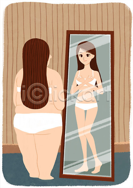 과정 변화 비교 새로움 두명 사람 성인 여자 PSD 일러스트 거울 날씬함 몸매 뷰티 비만 성형미인 성형수술 속옷 전신