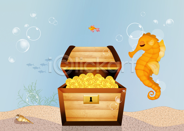 사람없음 JPG 일러스트 포토 해외이미지 돈 동전 물 바다 보물 산호 상자 암초 어류 재산 해외202004 황금