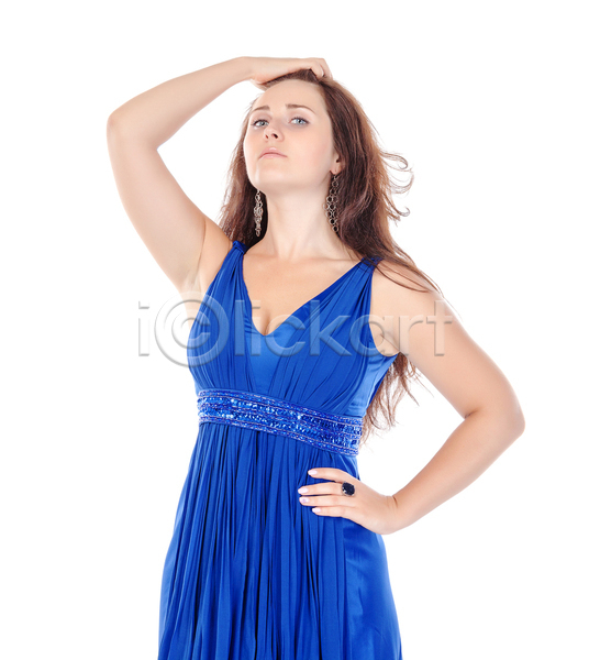 기쁨 러블리 신선 자신감 행복 백인 성인 여자 한명 JPG 포토 해외이미지 갈색머리 고립 긍정 드레스 라이프스타일 모델 미소(표정) 백그라운드 서기 얼굴 파란색 해외202004
