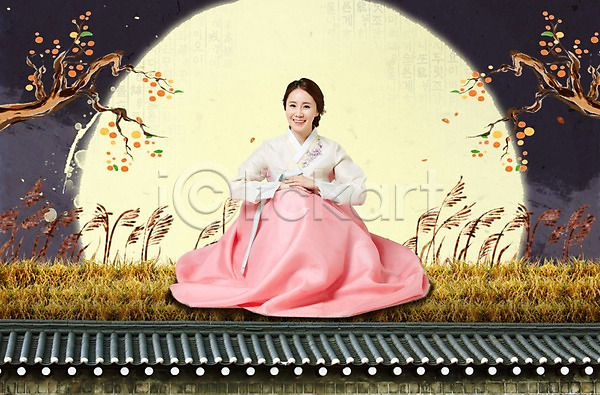 사람 성인 성인여자만 여자 여자만 한국인 한명 PSD 편집이미지 갈대(식물) 나무 달 담장 백그라운드 앉기 야간 야외 잔디 전신 정월대보름 추석 한복