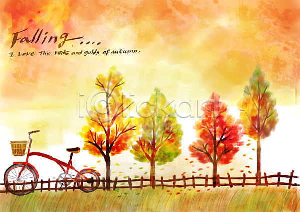 사람없음 PSD 일러스트 가을(계절) 가을배경 가을풍경 계절 나무 낙엽 단풍 백그라운드 야외 울타리 자전거 주간 풍경(경치)