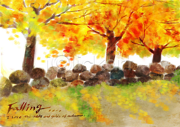 사람없음 PSD 일러스트 가을(계절) 가을배경 가을풍경 계절 나무 낙엽 단풍 돌담 백그라운드 야외 주간 풍경(경치)