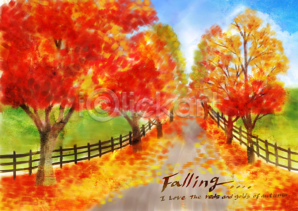 사람없음 PSD 일러스트 가을(계절) 가을배경 가을풍경 계절 길 나무 낙엽 단풍 백그라운드 야외 울타리 주간 풍경(경치)