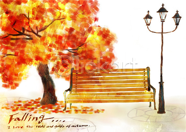 사람없음 PSD 일러스트 가로등 가을(계절) 가을배경 가을풍경 계절 나무 낙엽 단풍 백그라운드 벤치 야외 주간 풍경(경치) 한그루