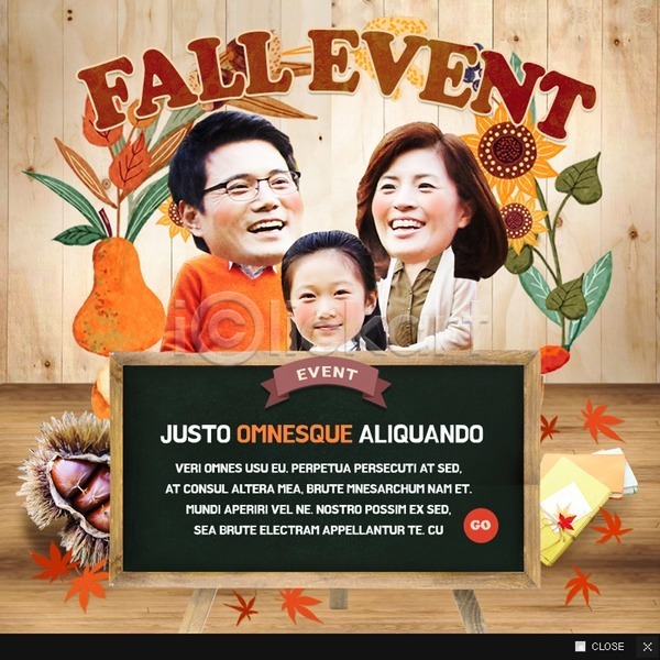 남자 사람 성인 세명 어린이 여자 한국인 PSD 웹템플릿 템플릿 가을(계절) 가족 단풍 밤송이 배(과일) 웹팝업 이벤트 팝업 해바라기