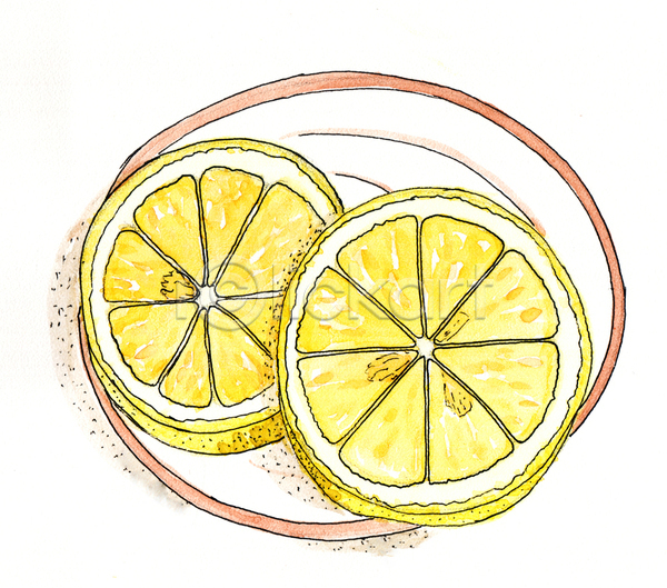 사람없음 JPG 일러스트 해외이미지 그림 노란색 단면 레몬 수채화(물감) 접시 해외202004