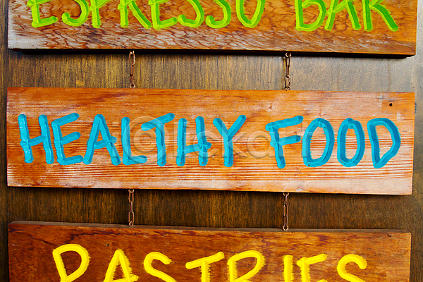 사람없음 JPG 포토 해외이미지 건강 건강식 라벨 메뉴 목각 목재 사인 서명 식당 음식 파란색 하와이 하와이인 해외202004 핸드메이드