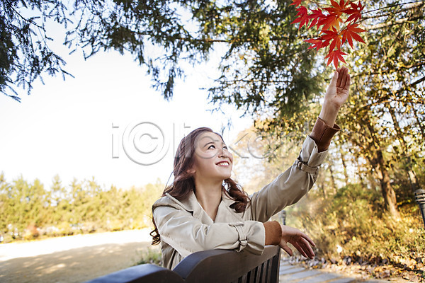 상쾌 여유 휴식 20대 성인 성인여자한명만 여자 청년여자한명만 한국인 한명 JPG 포토 가을(계절) 단풍 단풍나무 만지기 미소(표정) 벤치 상반신 수목원 앉기 야외 올려보기 주간 트렌치코트 파주