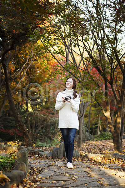 순수 여유 즐거움 클래식 행복 20대 성인 성인여자한명만 여자 청년여자한명만 한국인 한명 JPG 앞모습 포토 가을(계절) 걷기 미소(표정) 사진촬영 서기 수목원 스웨터 야외 양갈래머리 전신 주간 카메라 파주