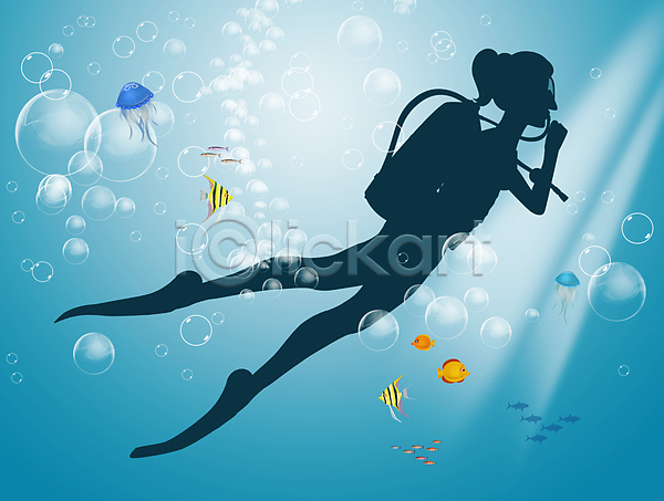 사람 여자 JPG 실루엣 일러스트 포토 해외이미지 다이빙 물 바다 수중 스노클링 스쿠버다이빙 어류 여름(계절) 탱크 파란색 해외202004 휴가