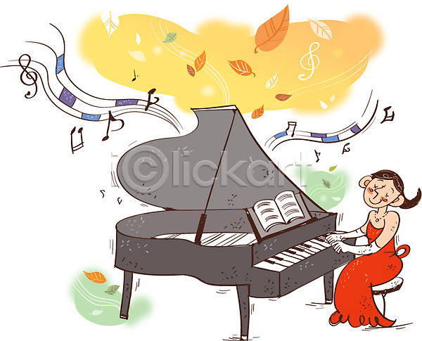 열정 자신감 사람 성인 여자 한명 AI(파일형식) 일러스트 가을(계절) 건반 낙엽 문화 문화예술 악기 연주 예술 음악 음표 피아노(악기) 피아니스트