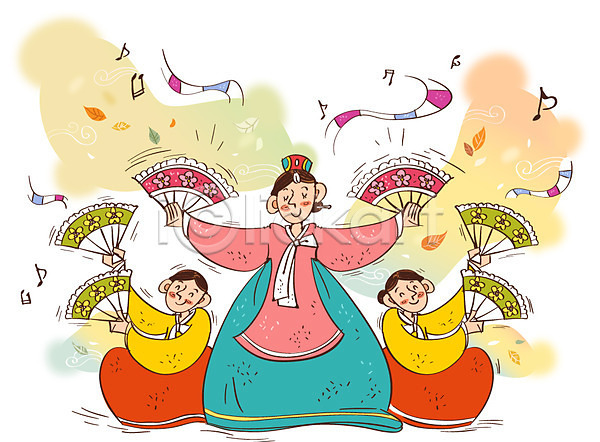 열정 자신감 사람 성인 세명 여자 AI(파일형식) 일러스트 가을(계절) 공연 낙엽 문화 문화예술 부채 부채춤 예술 음표 한복