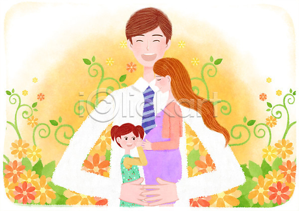 설레임 행복 성인 세명 어린이 여자 PSD 일러스트 가족 꽃 꽃백그라운드 임산부 임신 포옹