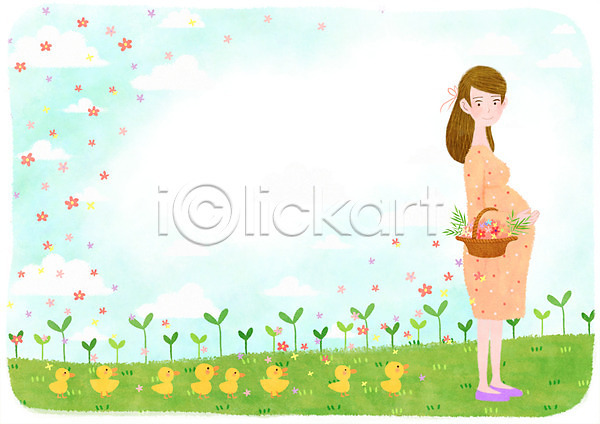 성인 여자 한명 PSD 일러스트 꽃 바구니 병아리 새싹 야외 여러마리 임산부 임신 주간 초원(자연)
