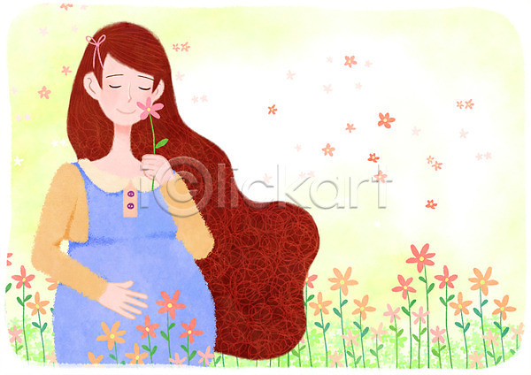설레임 행복 성인 여자 한명 PSD 일러스트 꽃 꽃밭 꽃백그라운드 임산부 임신