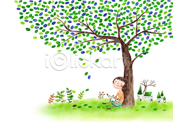 상상 여유 소녀(어린이) 어린이 여자 한명 PSD 상상일러스트 일러스트 강아지 나무 자연 주택 판타지 풀잎