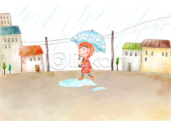 상상 여유 소녀(어린이) 어린이 여자 한명 PSD 상상일러스트 일러스트 날씨 마을 비 우비 우산 전봇대(시설물) 전선 주택 판타지