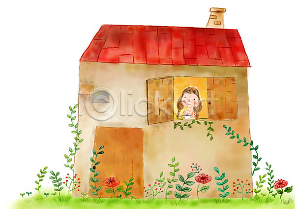 상상 여유 소녀(어린이) 어린이 여자 한명 PSD 상상일러스트 일러스트 꽃 문 주택 창문 커피 커피잔 판타지 풀잎