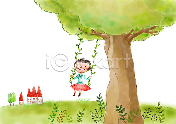 상상 여유 소녀(어린이) 어린이 여자 한명 PSD 상상일러스트 일러스트 그네 그네타기 나무 나무그네 주택 판타지 풀잎