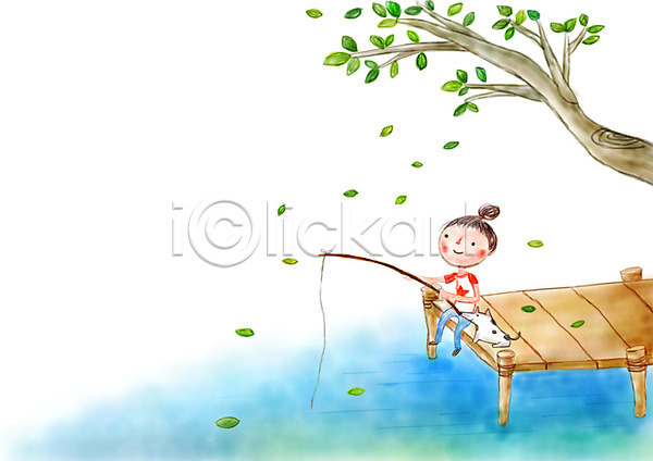 상상 여유 소녀(어린이) 어린이 여자 한명 PSD 상상일러스트 일러스트 강 강아지 나무 낚시 낚싯대 판타지 풀잎 호수