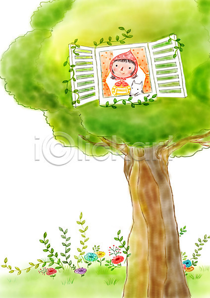 상상 여유 소녀(어린이) 어린이 여자 한명 PSD 상상일러스트 일러스트 강아지 꽃 나무 자연 창문 커튼 판타지 풀잎