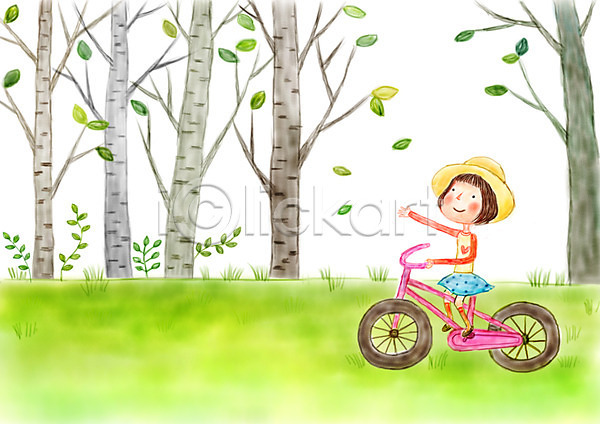 산책 상상 여유 소녀(어린이) 어린이 여자 한명 PSD 상상일러스트 일러스트 나무 모자(잡화) 숲 자전거 판타지 풀잎