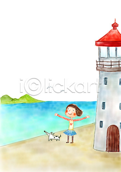 상상 여유 휴식 소녀(어린이) 어린이 여자 한명 PSD 상상일러스트 일러스트 강아지 등대 바다 섬 판타지 해변