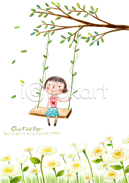 상상 여유 소녀(어린이) 어린이 여자 한명 PSD 상상일러스트 일러스트 꽃 꽃밭 꿈 나무 나무그네 판타지