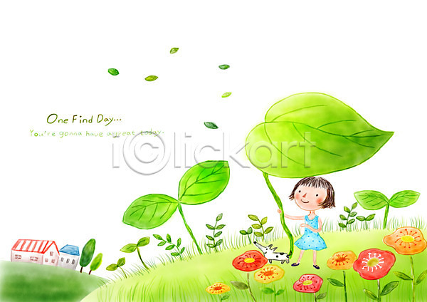 상상 여유 소녀(어린이) 어린이 여자 한명 PSD 상상일러스트 일러스트 강아지 꽃 나뭇잎 정원 주택 판타지 풀잎