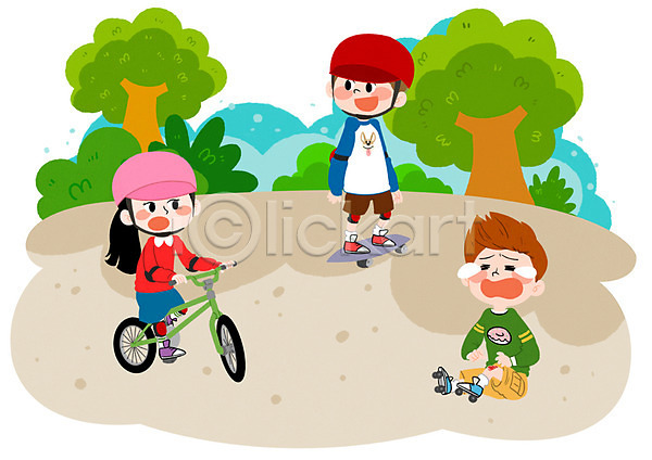 남자 세명 어린이 여자 PSD 일러스트 나무 롤러블레이드 사건 스케이트보드 안전 야외 어린이사고 자전거 주간 헬멧