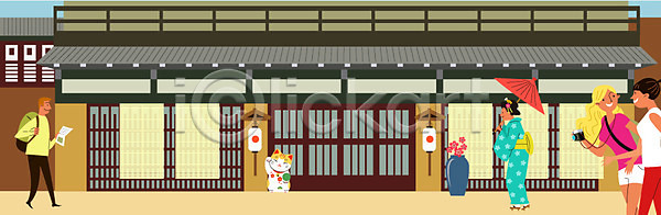 전통체험 체험 남자 성인 여러명 여자 일본인 AI(파일형식) 일러스트 거리 고양이인형 기모노 꽃병 마네키네코 배낭 양산 여행 여행객 일본 일본문화 일본여행 카메라