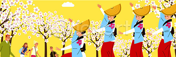전통체험 체험 남자 성인 여러명 여자 일본인 AI(파일형식) 일러스트 구름(자연) 마츠리 벚꽃 봄 야외 여행 여행객 일본 일본문화 일본여행 전통무용 축제 춤