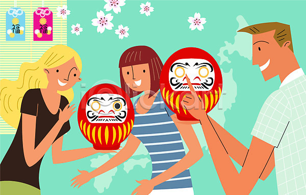 전통체험 체험 남자 성인 세명 여자 AI(파일형식) 일러스트 다루마 벚꽃 봄 여행 여행객 인형 일본 일본문화 일본여행