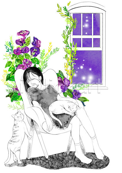 다정 소통 함께함 화목 휴식 성인 여자 한명 PSD 일러스트 고양이 꽃 두마리 반려동물 식물 앉기 의자 잠 창문