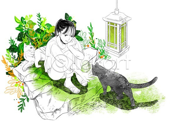 다정 산책 소통 함께함 화목 성인 여자 한명 PSD 일러스트 계단 고양이 두마리 반려동물 식물 조명