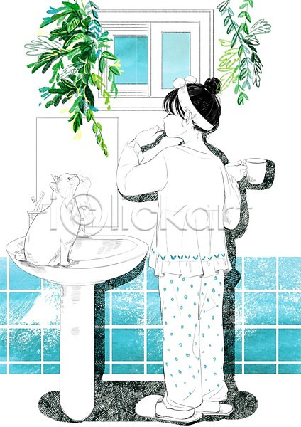 다정 소통 함께함 화목 성인 여자 한명 PSD 일러스트 거울 고양이 반려동물 세면대 슬리퍼 식물 실내 양치 양치컵 욕실 잠옷 한마리 화장실