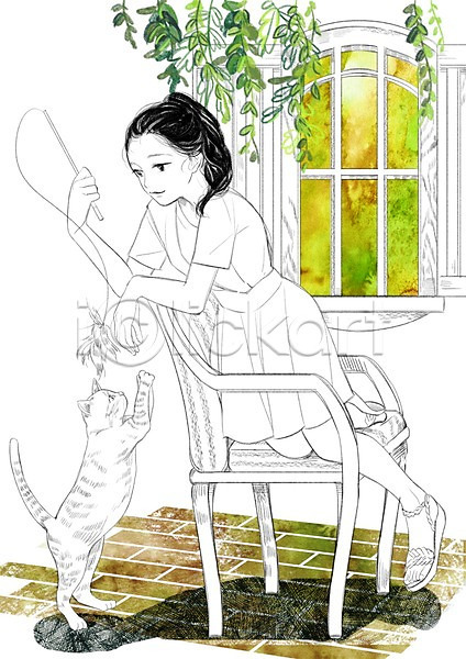 다정 소통 함께함 화목 성인 여자 한명 PSD 일러스트 고양이 놀이 반려동물 식물 의자 장난감 창문 한마리