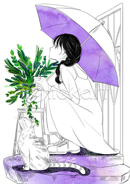 다정 소통 함께함 화목 성인 여자 한명 PSD 일러스트 계단 고양이 문 반려동물 식물 우산 한마리 화분