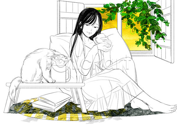 다정 소통 함께함 화목 휴식 성인 여자 한명 PSD 일러스트 고양이 머그컵 반려동물 식물 창문 책 컵 쿠션 탁자