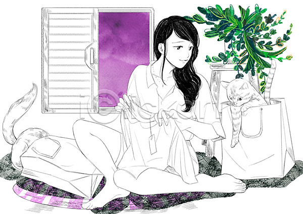 다정 소통 함께함 화목 성인 여자 한명 PSD 일러스트 고양이 두마리 반려동물 쇼핑 쇼핑백 식물 옷 창문 화분