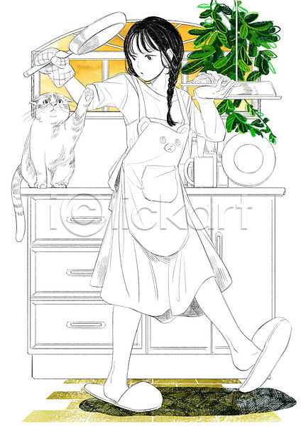 다정 소통 음식준비 함께함 화목 성인 여자 한명 PSD 일러스트 고양이 그릇 반려동물 식물 요리 조리대 주방 창문 프라이팬 한마리