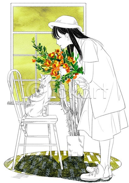 다정 소통 함께함 화목 성인 여자 한명 PSD 일러스트 고양이 꽃 모자(잡화) 반려동물 선인장 식물 실내 의자 창문 한마리 향기 화분