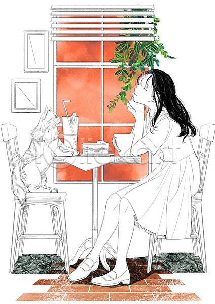 다정 소통 티타임 함께함 화목 성인 여자 한명 PSD 일러스트 고양이 반려동물 블라인드 식물 앉기 액자 의자 조각케이크 창문 카페 커피 탁자 한마리