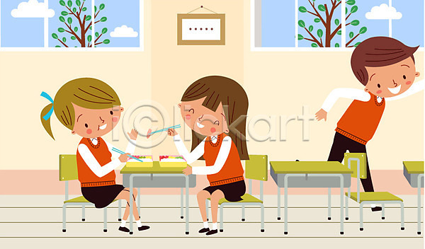 남자 세명 여자 청소년 AI(파일형식) 일러스트 교복 교실 구름(자연) 나무 도시락 스쿨라이프 실내 의자 점심 젓가락 창문 책상 학교 학생