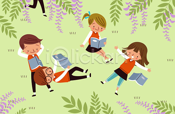 쉬는시간 남자 여러명 여자 청소년 AI(파일형식) 일러스트 교복 나뭇잎 눕기 독서 스쿨라이프 야외 잔디 주간 책 학교 학생