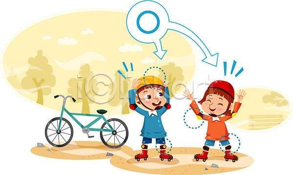 보호 남자 두명 어린이 여자 AI(파일형식) 일러스트 롤러블레이드 보호장비 안전 어린이사고 자전거 헬멧