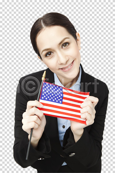 20대 백인 서양인 성인 여자 여자만 한명 PNG 앞모습 편집이미지 국기 깃발 들기 미국 비즈니스 비즈니스우먼 상반신 성조기 웃음 정장 편집 편집소스