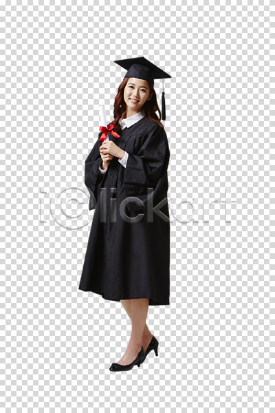20대 동양인 성인 여자 여자만 한국인 한명 PNG 앞모습 편집이미지 대학교육 대학생 서기 웃음 전신 졸업 졸업가운 졸업장 편집 편집소스 학사모